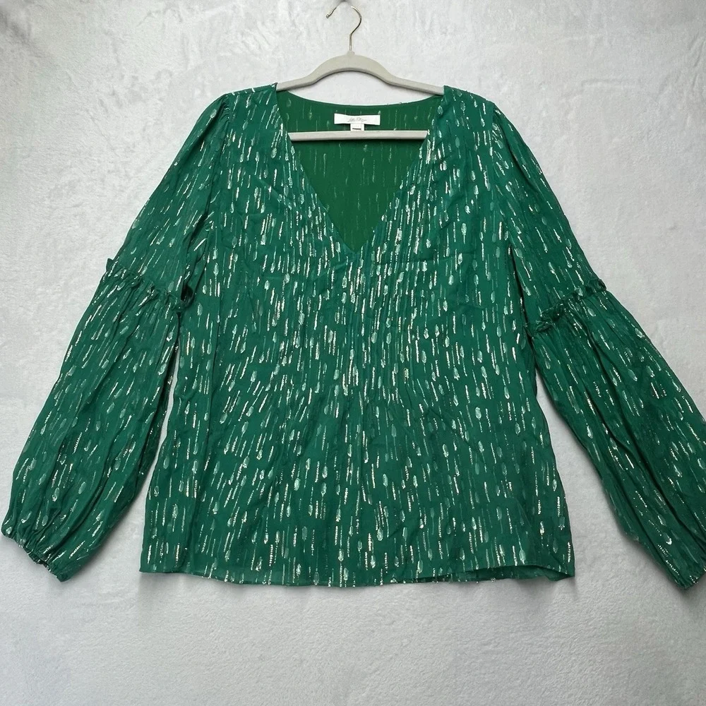 Lilly‎ Pulitzer Cleme Long Sleeve Top Womens 14 Green Gold Metallic Blouse